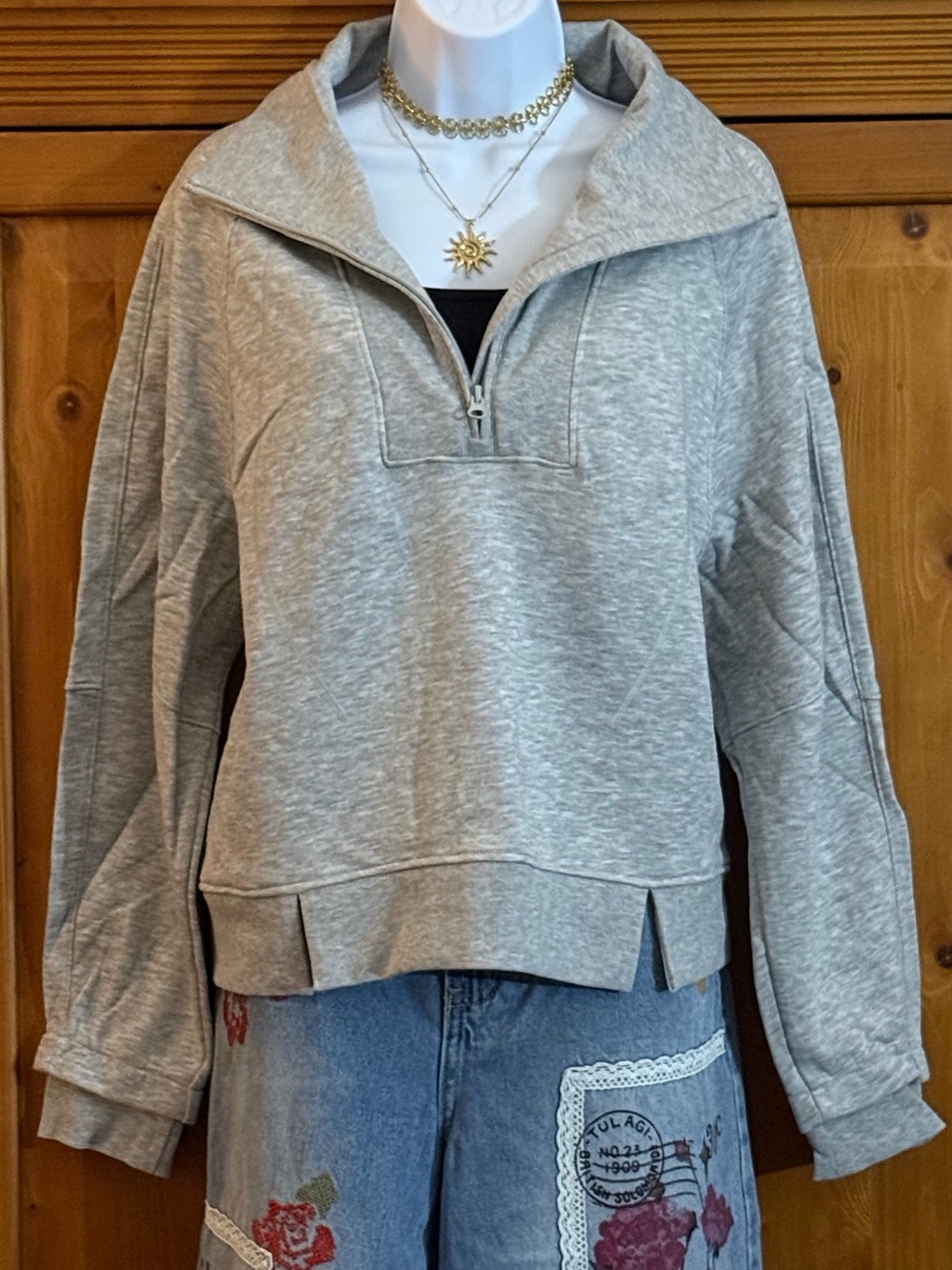 Light Gray Half-Zip Pullover Sweatshirt - Women